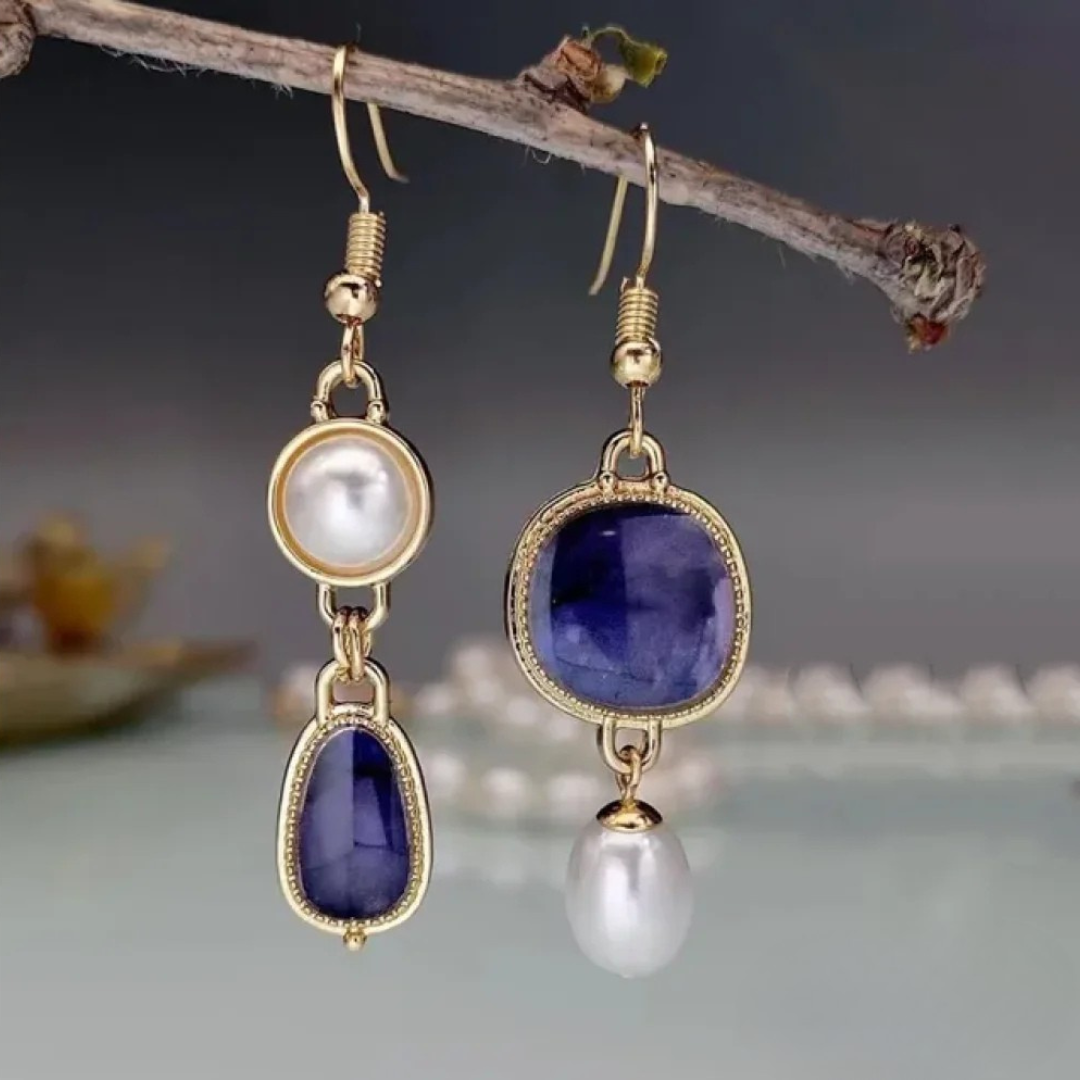 Pendientes Vintage de Perlas con Piedra Azul