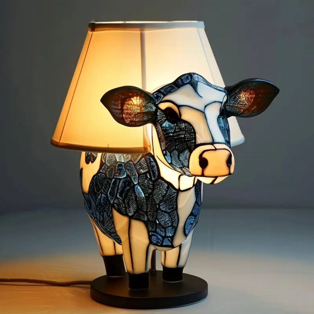 Lampara Amarilla de Vidrio con Diseño de Vaca Azul