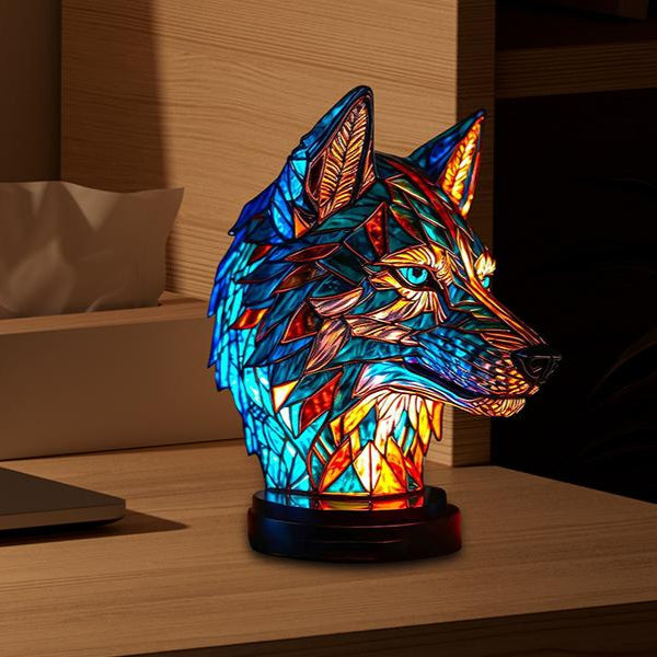 Lámpara de Vidrio con Diseño de Lobo y Plumas