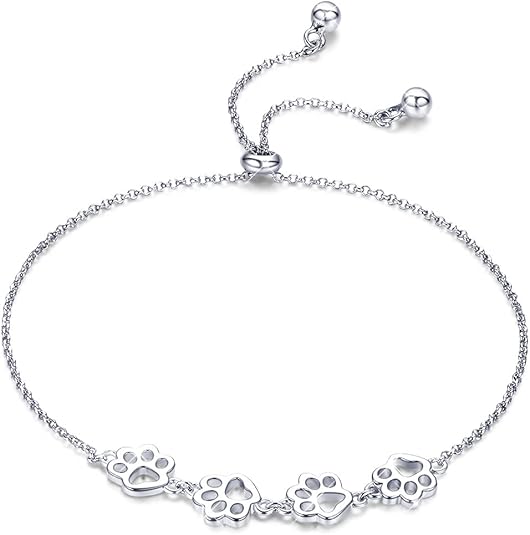 Pulsera Ajustable de Plata de Ley con Diseño de Huella de Perro