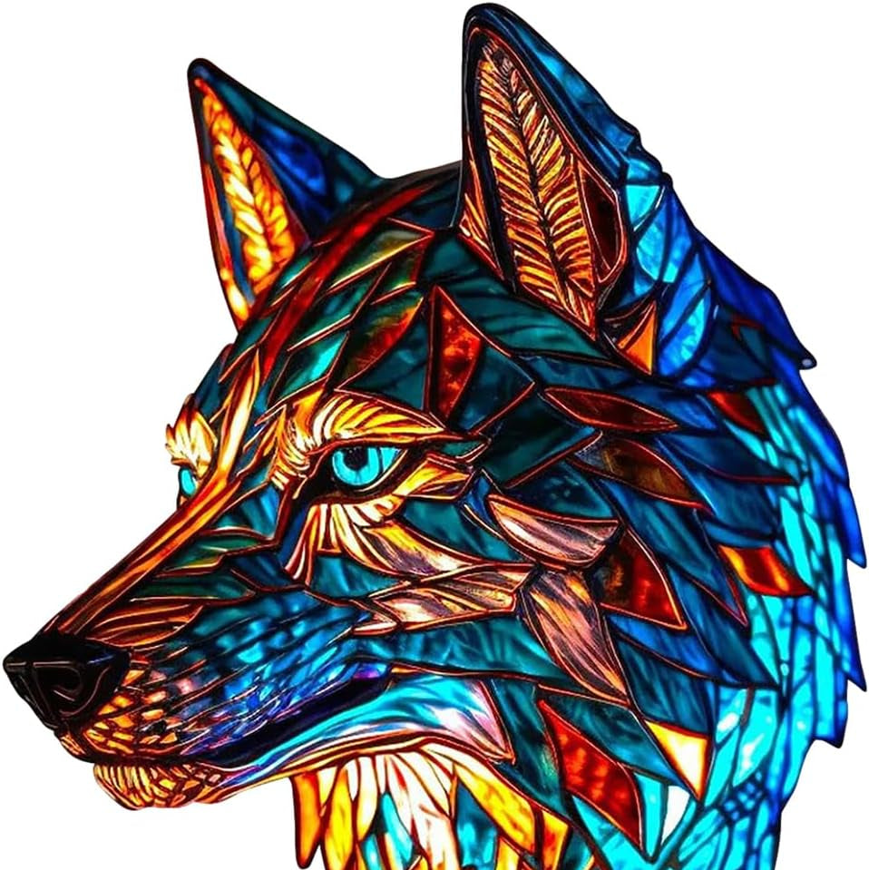 Lámpara de Vidrio con Diseño de Lobo y Plumas