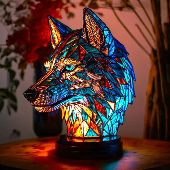 Lámpara de Vidrio con Diseño de Lobo y Plumas