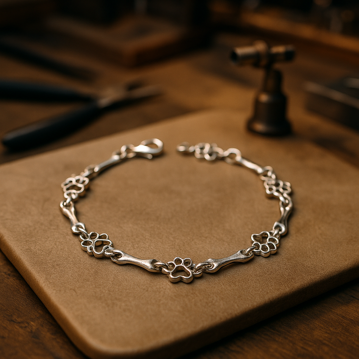 Pulsera de Plata de Alta Calidad con Charms de Huella de Perro y Hueso