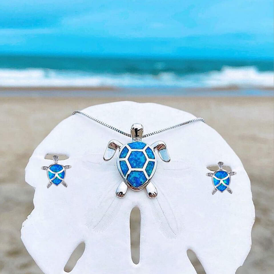 Conjunto de Tortuga Marina – Collar y Pendientes de Plata con Ópalo