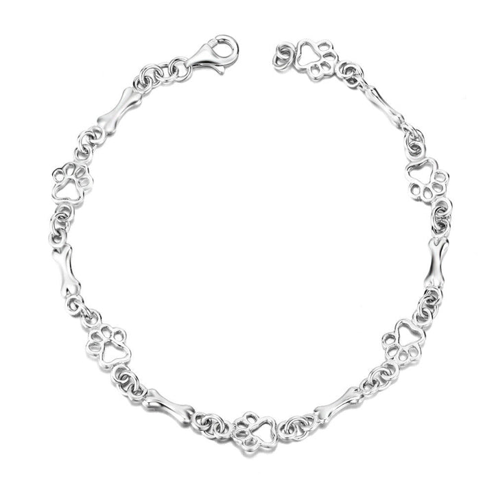 Pulsera de Plata de Alta Calidad con Charms de Huella de Perro y Hueso