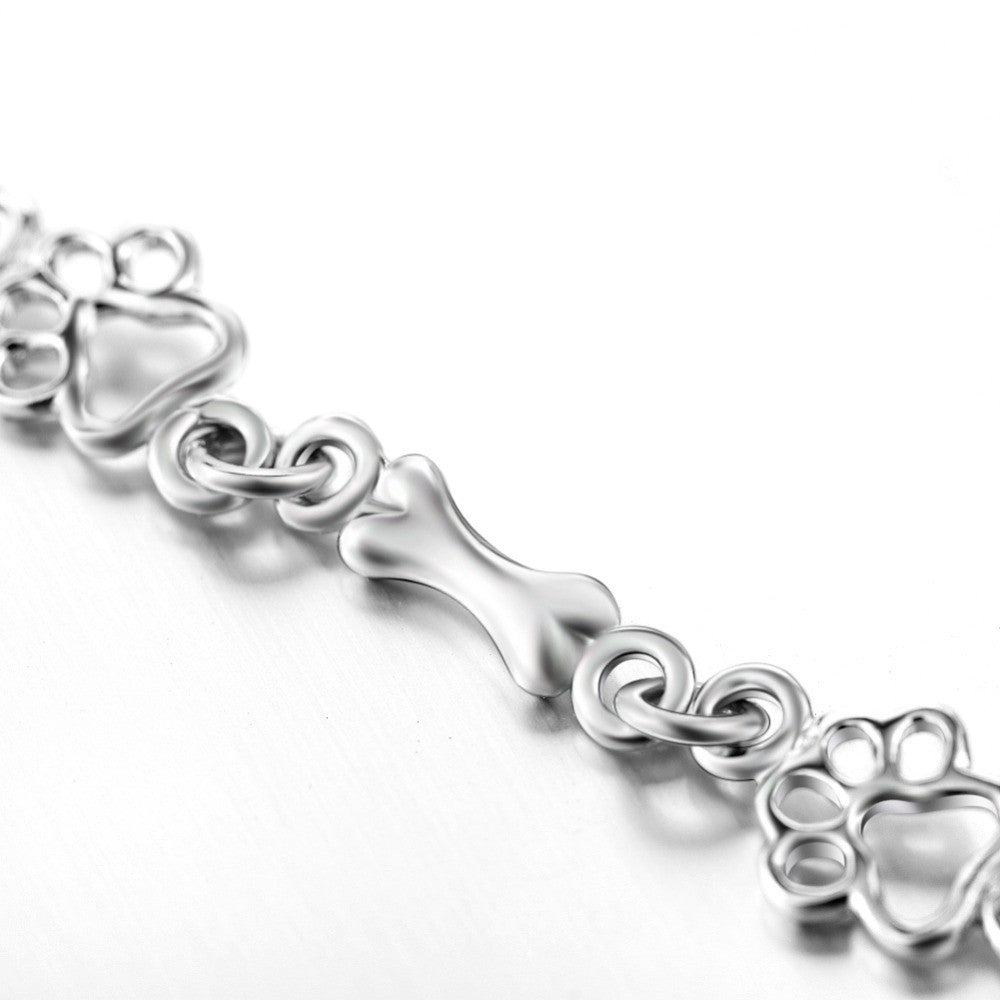Pulsera de Plata de Alta Calidad con Charms de Huella de Perro y Hueso