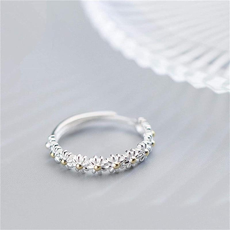 Anillo Ajustable de Plata con Emaille de Margarita Hecho a Mano