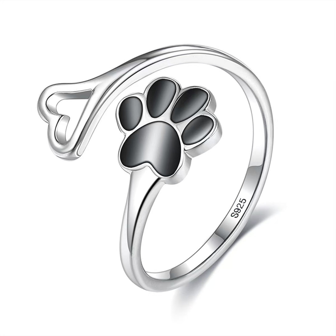 Anillo de Corazón Ajustable con Huella de Patas, Artesanal en Plata de Ley 925
