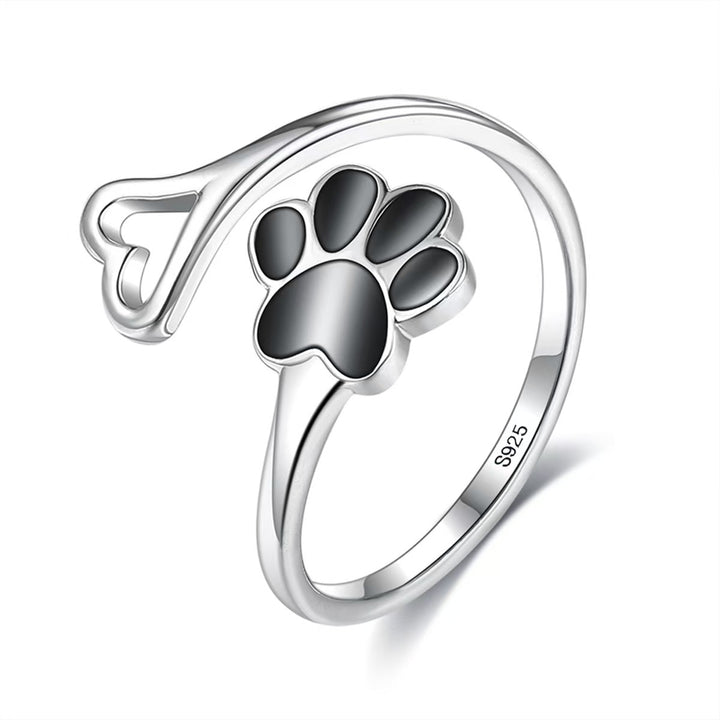 Anillo de Corazón Ajustable con Huella de Patas, Artesanal en Plata de Ley 925