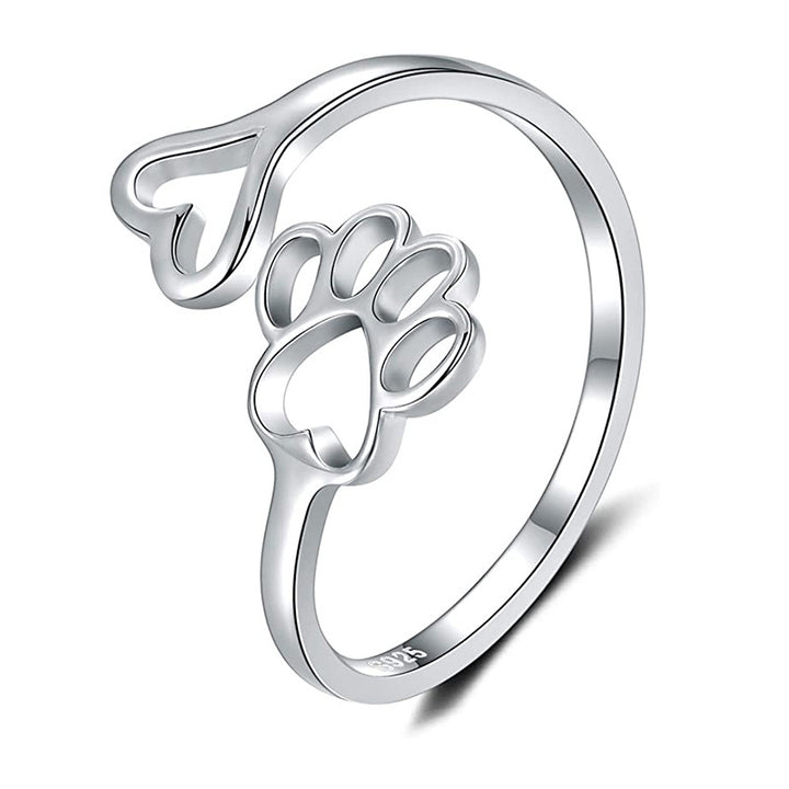 Anillo de Corazón Ajustable con Huella de Patas, Artesanal en Plata de Ley 925