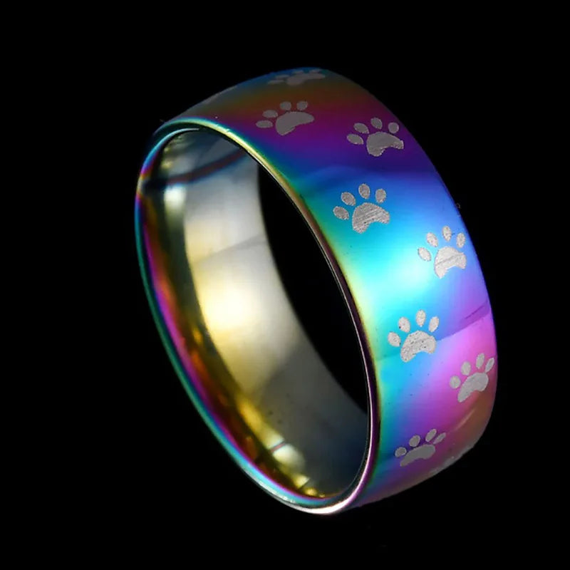 Anillo Artesanal de Acero Inoxidable con Diseño de Arcoíris y Huella