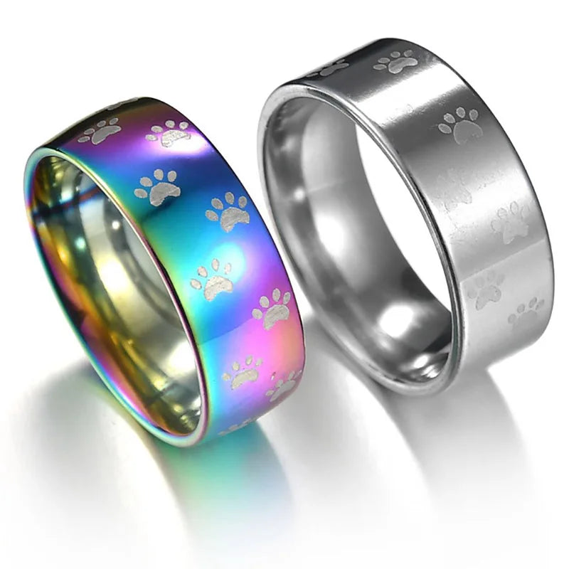 Anillo Artesanal de Acero Inoxidable con Diseño de Arcoíris y Huella