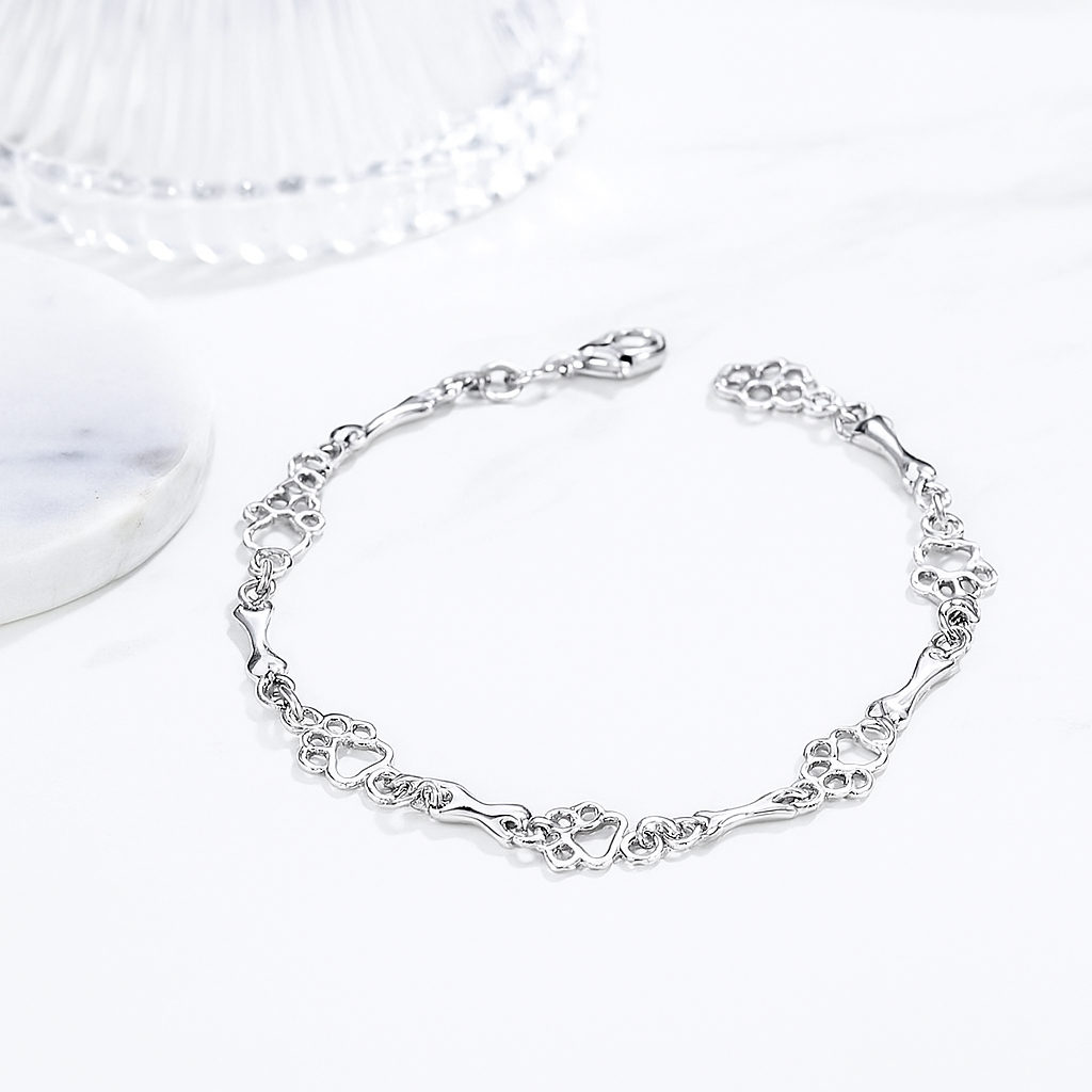 Pulsera de Plata de Alta Calidad con Charms de Huella de Perro y Hueso