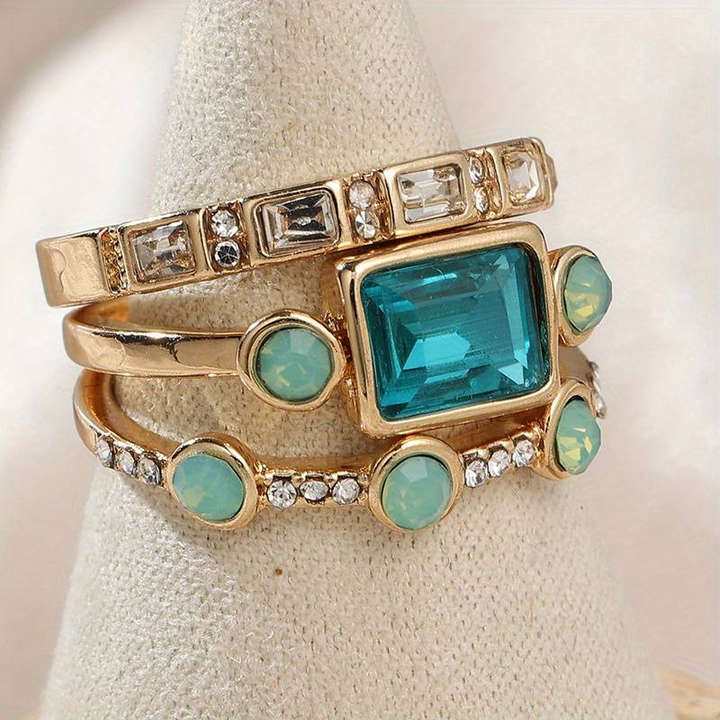 Juego de anillos vintage con cristales azules