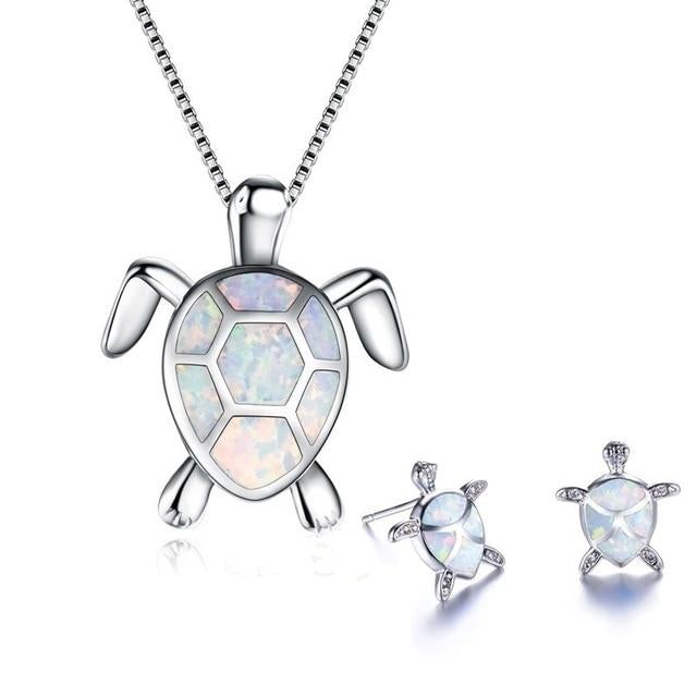 Conjunto de Tortuga Marina – Collar y Pendientes de Plata con Ópalo