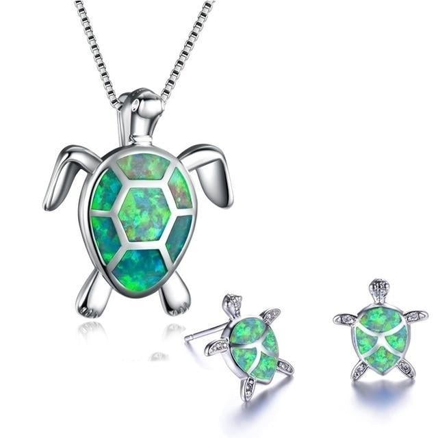 Conjunto de Tortuga Marina – Collar y Pendientes de Plata con Ópalo
