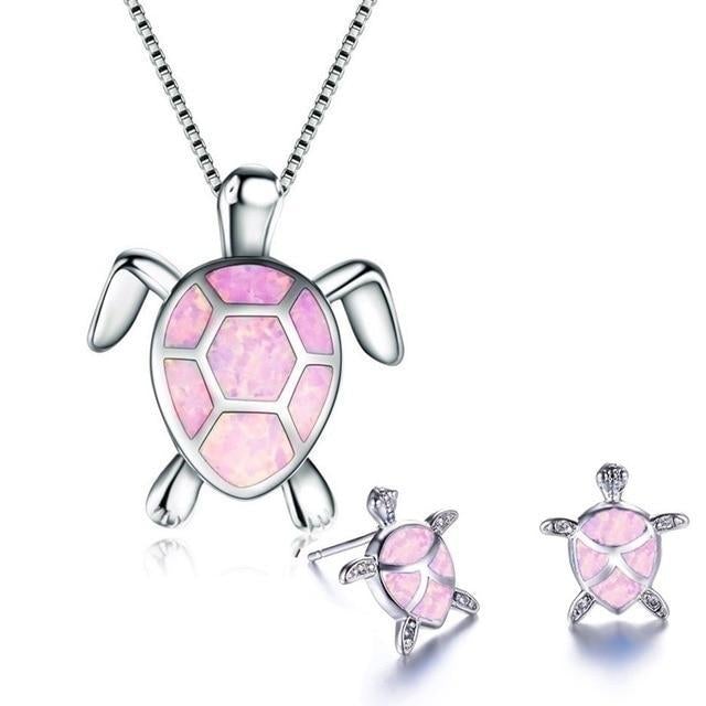 Conjunto de Tortuga Marina – Collar y Pendientes de Plata con Ópalo