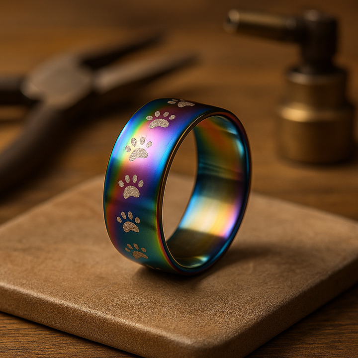 Anillo Artesanal de Acero Inoxidable con Diseño de Arcoíris y Huella